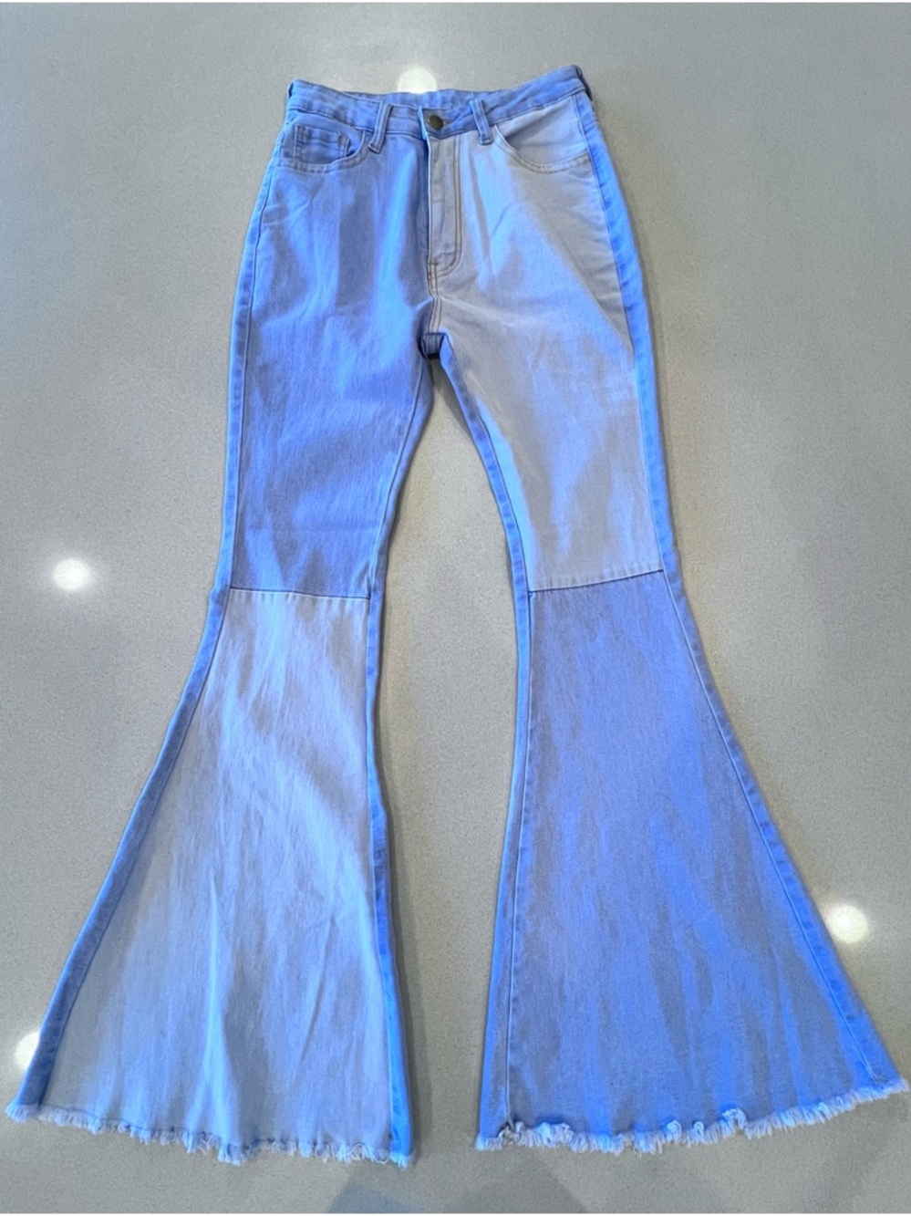 Two-Tone Light Blue Flare Bell Bottom Jeans Stretch Sz Small 60’s 70’s Vibe - Picture 1 of 8